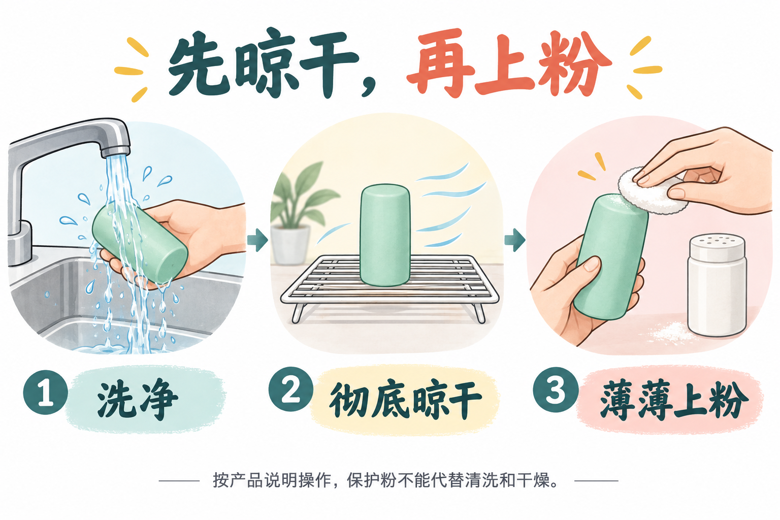 清洗、彻底晾干、按说明薄薄上粉